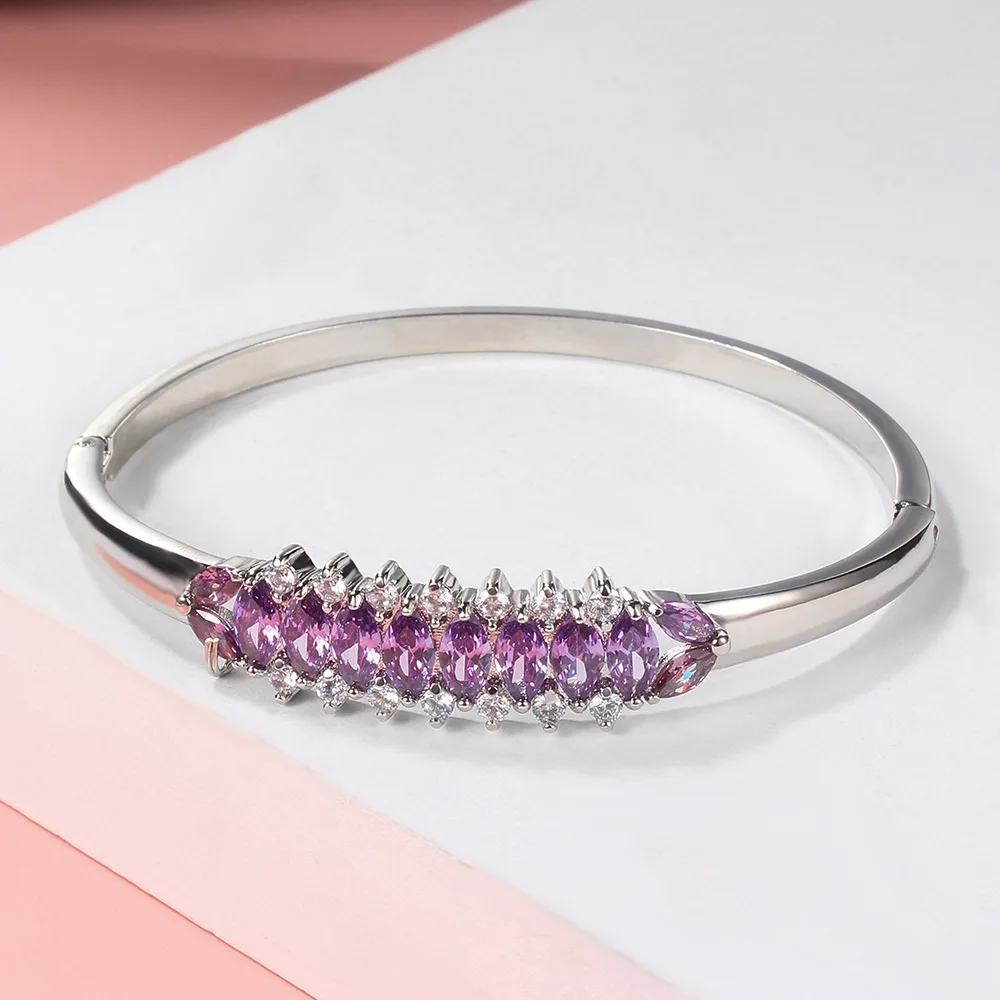 

Cute Female Crystal Geometry Bracelet Dainty Silver Color Open Bracelets For Women Charm Yellow Purple Zircon Chain Bracelet