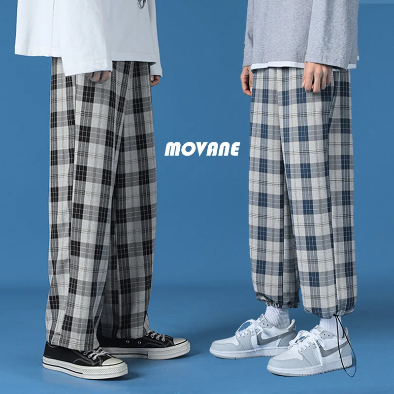 2021 hot spring loose check trousers wide leg pants casual sports pants harajuku street style korean fashion brand mens wear free global shipping