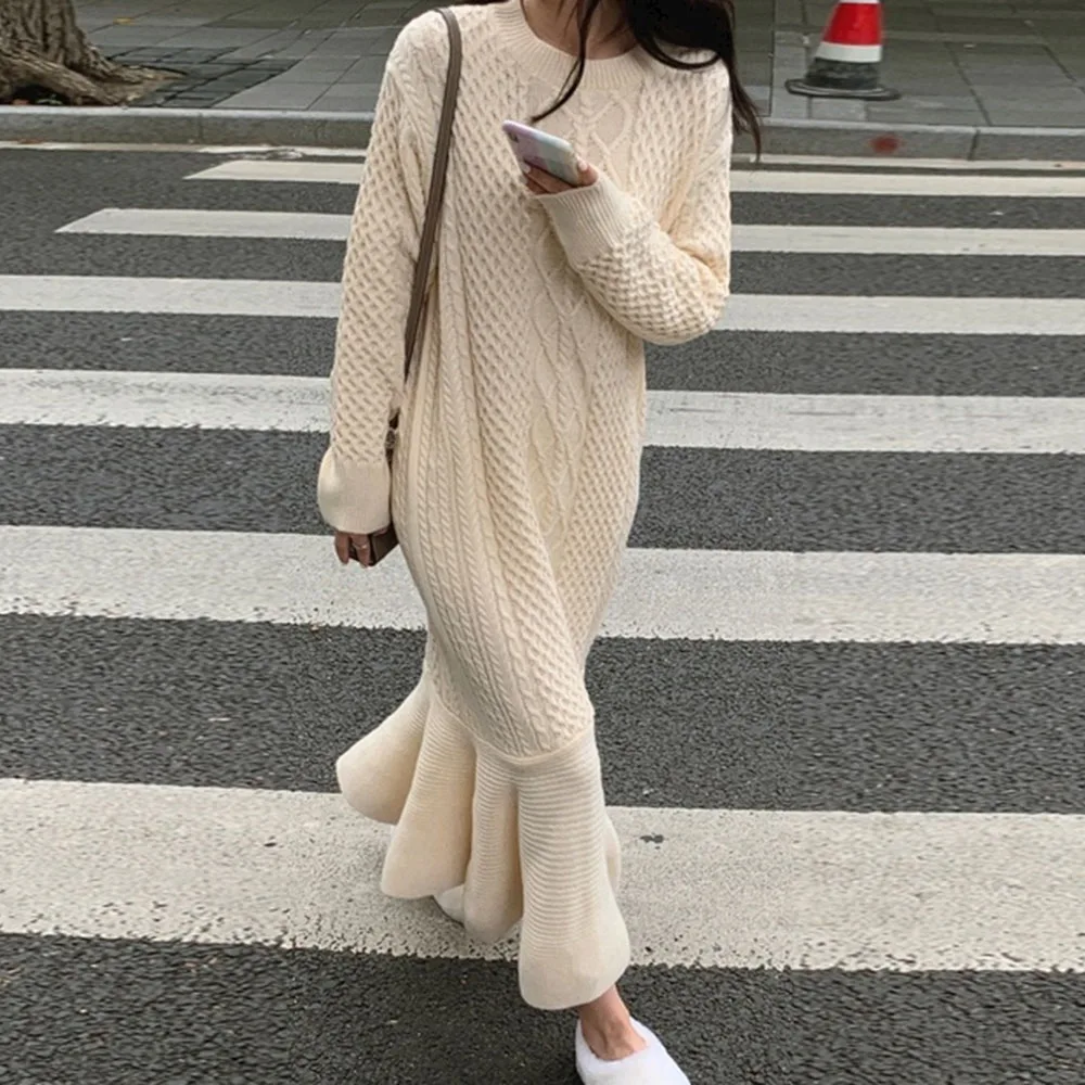 Women Knitted Long Sleeve Sweater Dress Korean Fashion Round Neck Casual Loose Jumper Pullover Young Ladies Mermaid Maxi Dresses