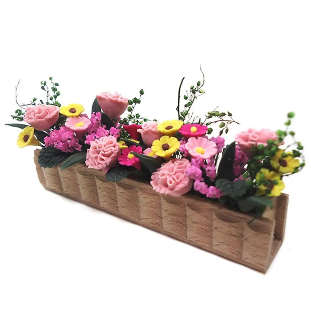 

1/12 Doll House Realistic Miniature Long Wooden Flower Pot Model DIY Doll House Accessory Furniture Kit for Kid Christmas Gift