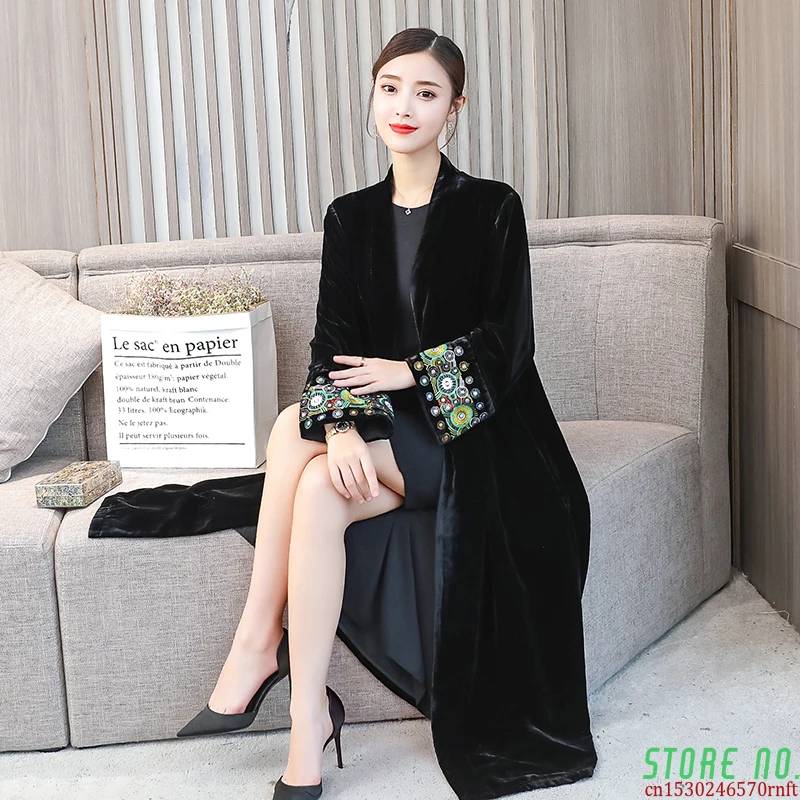 Женский вельветовый Тренч-кимоно с вышивкой и V-образным вырезом верхняя одежда