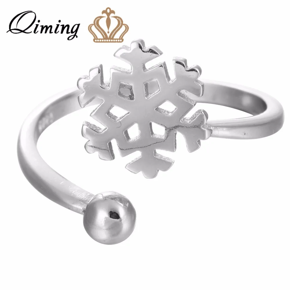 QIMING серебряные кольца со снежинками для женщин Простые снежные регулируемые