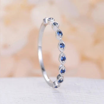 CxsJeremy Natural Sapphire Ring 14K White Gold Bridal Marquise Half Eternity Milgrain Simple Birthstone Stacking Stackable
