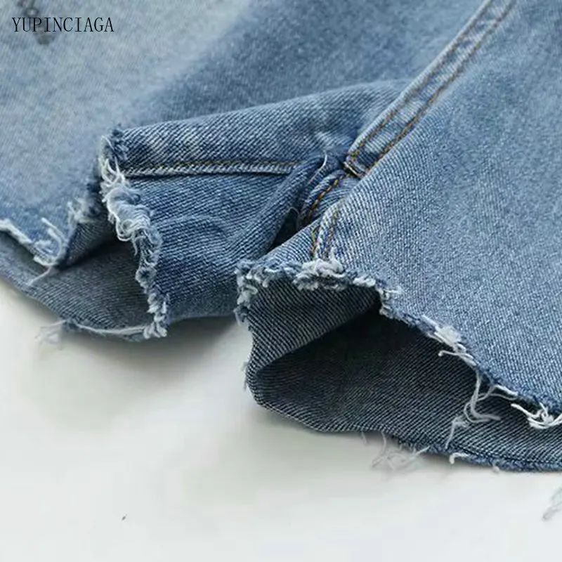 

2021 Summer New Denim Shorts Women Korean Fashion High-Waist Letter Print Ripped Raw Edge Denim Wide-Leg Shorts Jeans 2114556