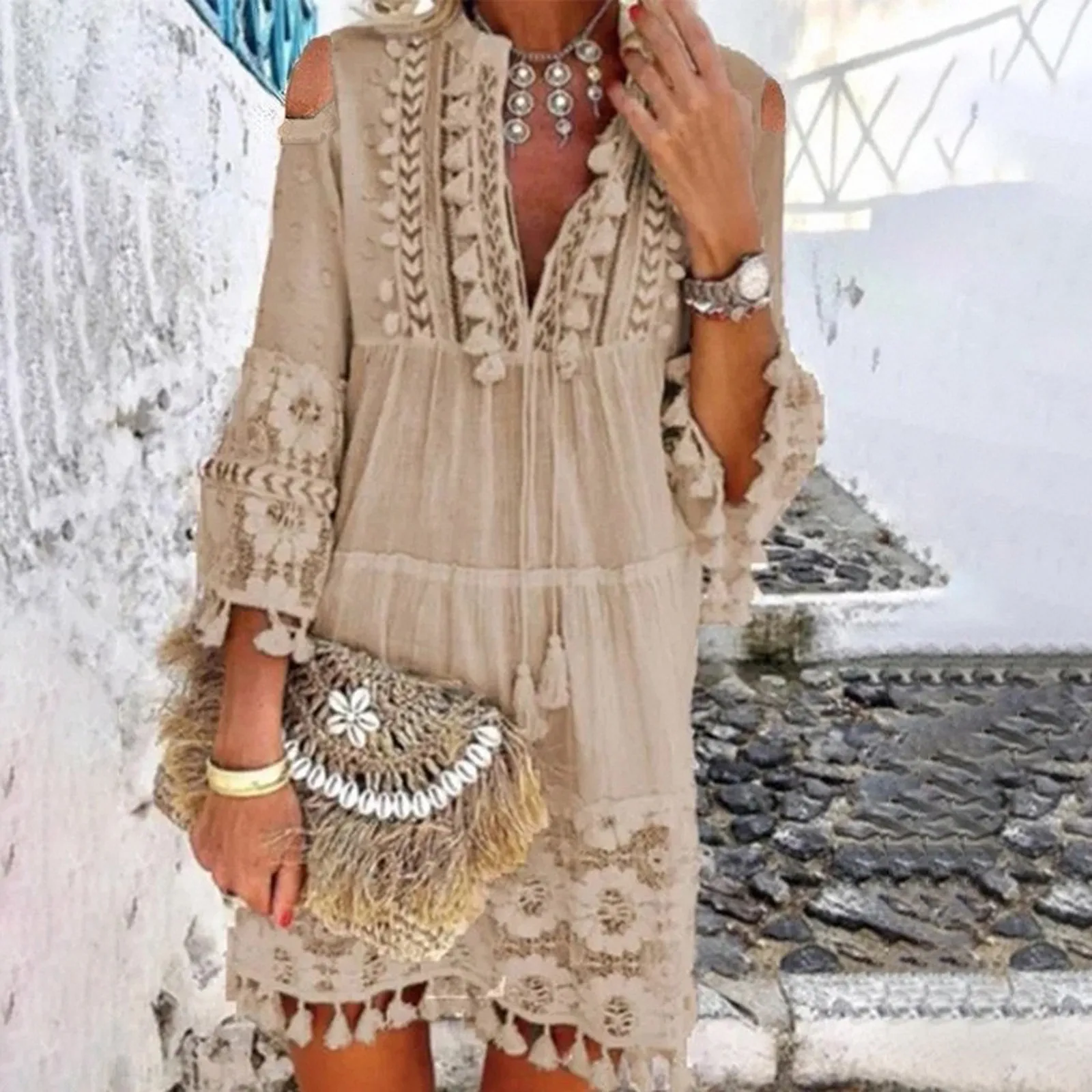 

Women Elegant Lace Embroidery Party Dress Fashion Vintage Ruffle Sleeve Dresses Ladies Sexy O-Neck Solid Sheer-Mesh Dress