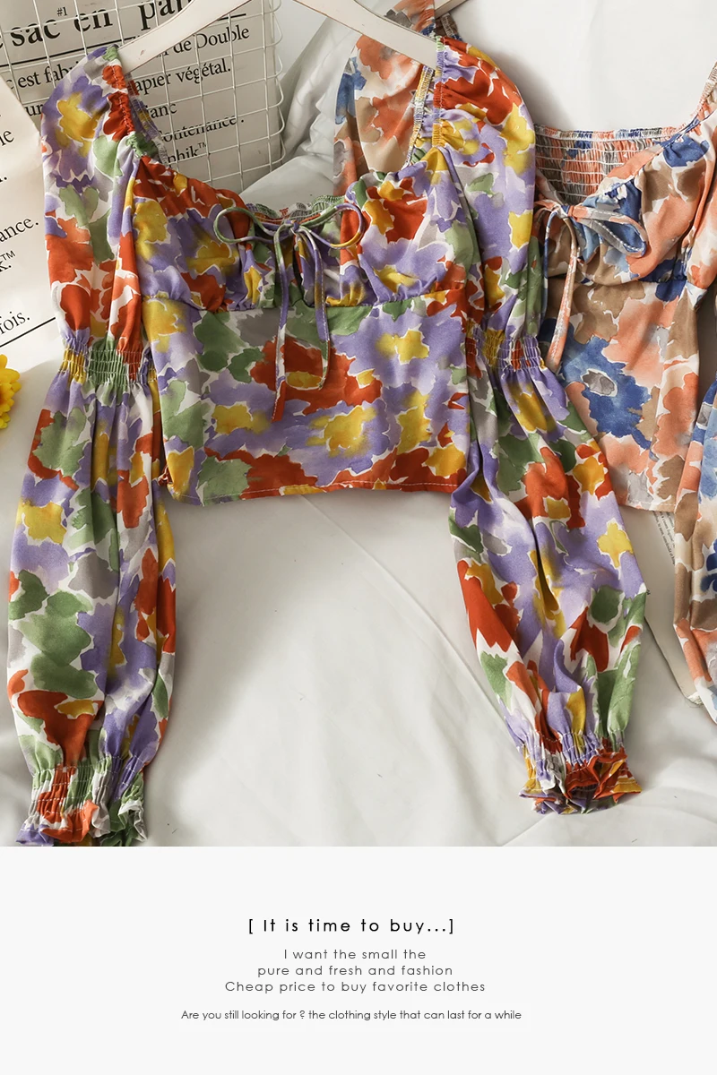 

2021 Spring Vintage print slash shoulder long-sleeved shirt women blouse