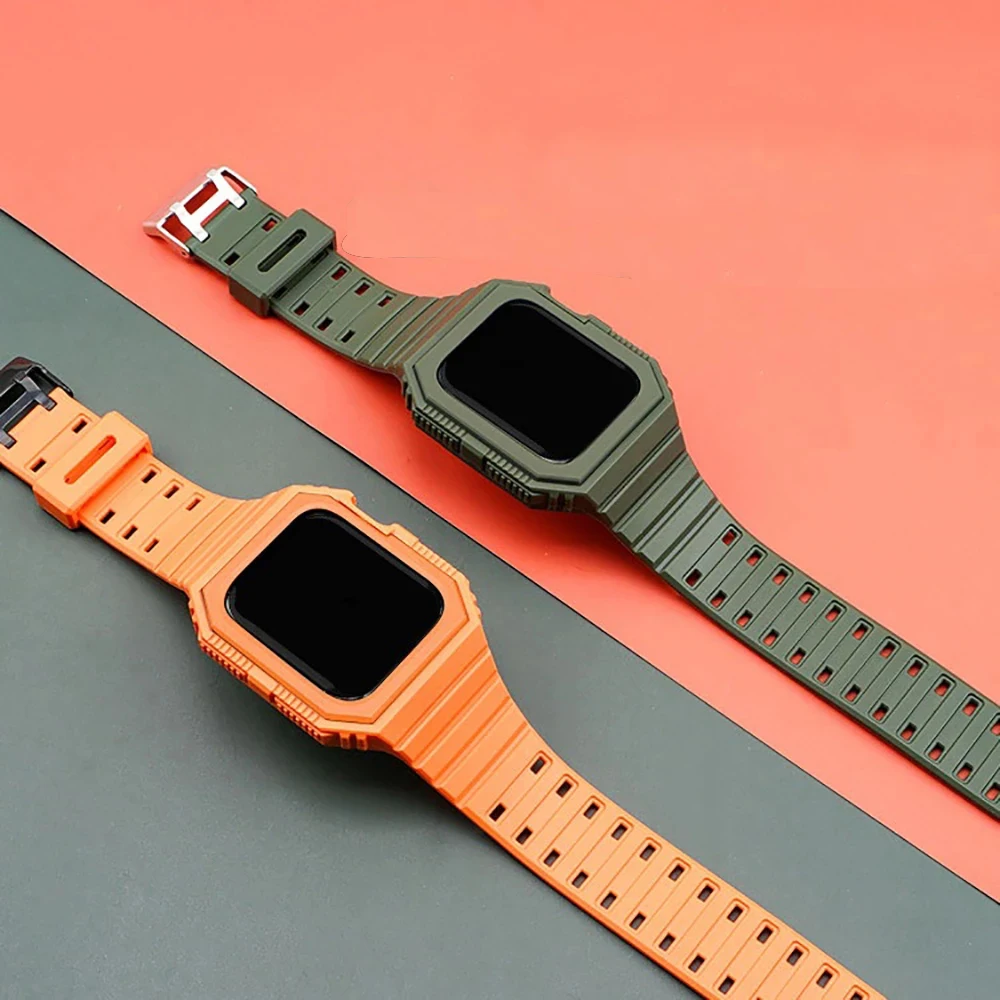 Strap+Protective Case 38mm 40mm 41mm 42mm 44mm 45mm For Apple Watch iWatch Series 8/7/SE/6/5/4 TPU Rubber Watchbands Replacement