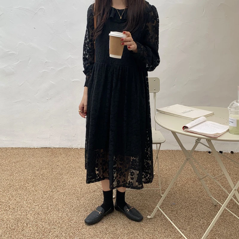 

Alien Kitty 2021 Retro Elegant Women Dresses Sweet O-Neck Solid Lace French Loose Long Sleeve Autumn Long Cotton Vestidos