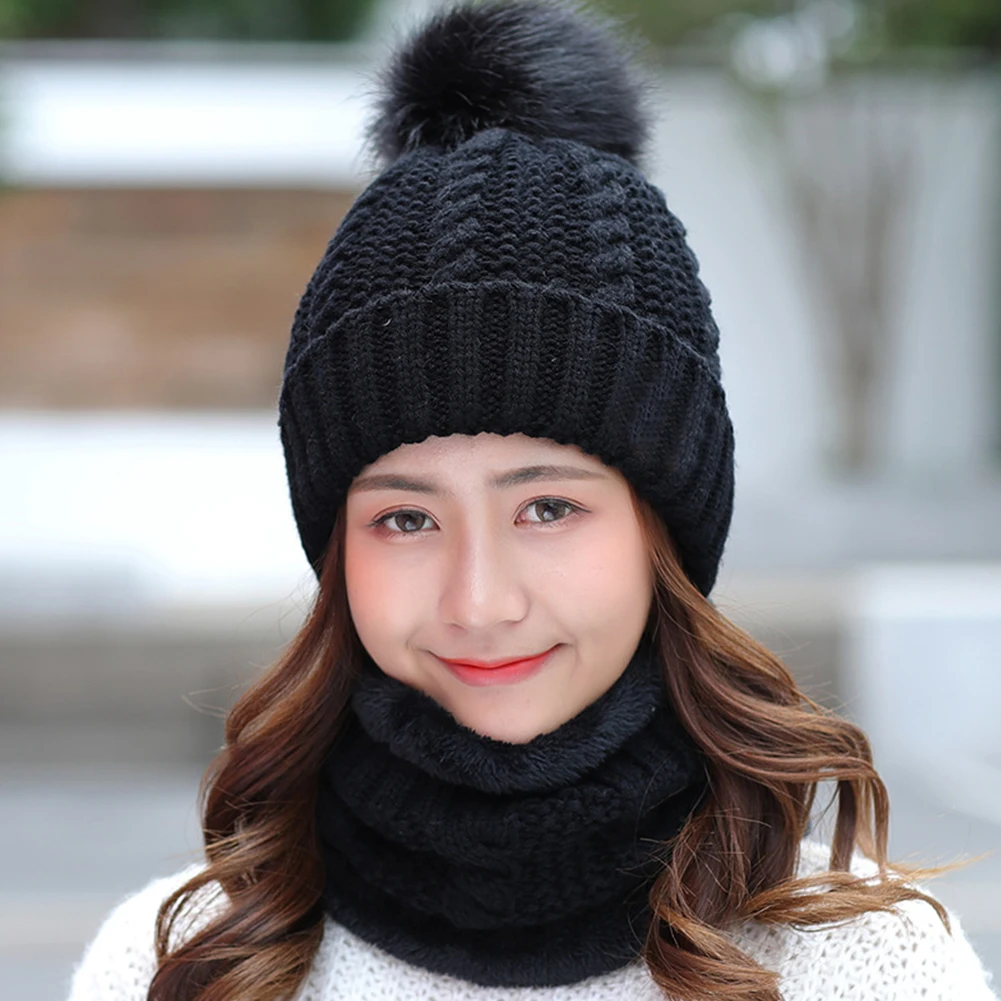 

Women Baggy Knitting Hat Scarf Set Shopping Ski Cap Faux Fur Winter Fleece Slouchy Beanie Keep Warm Home Soft