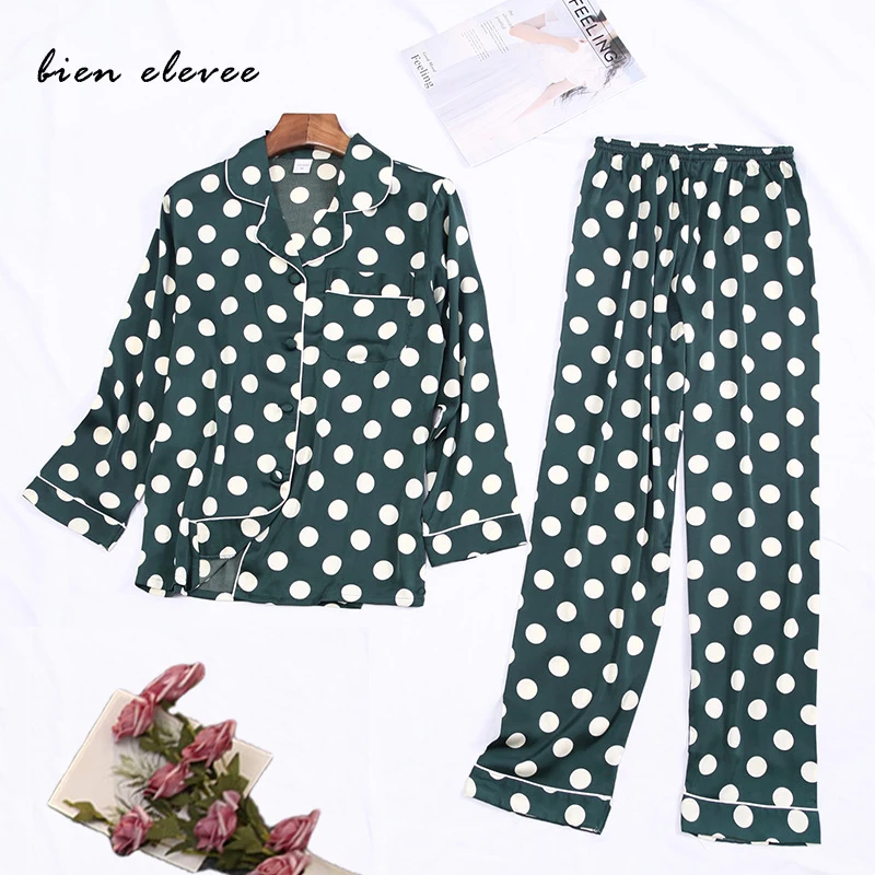 Pajamas Women Polka Dot Pijamas Sets Ice Silk Satin Sleepwer Suits Spring Fashion Homewear Long Sleeve Printing Pyjamas Rayon