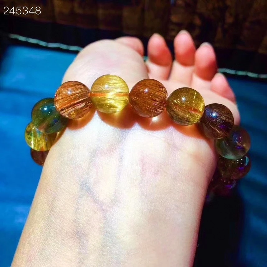 

11mm Natural Colorful Gold Rutilated Copper Quartz Bracelet Woman Man Wealthy Stone Clear Round Beads Crystal Charms AAAAAA