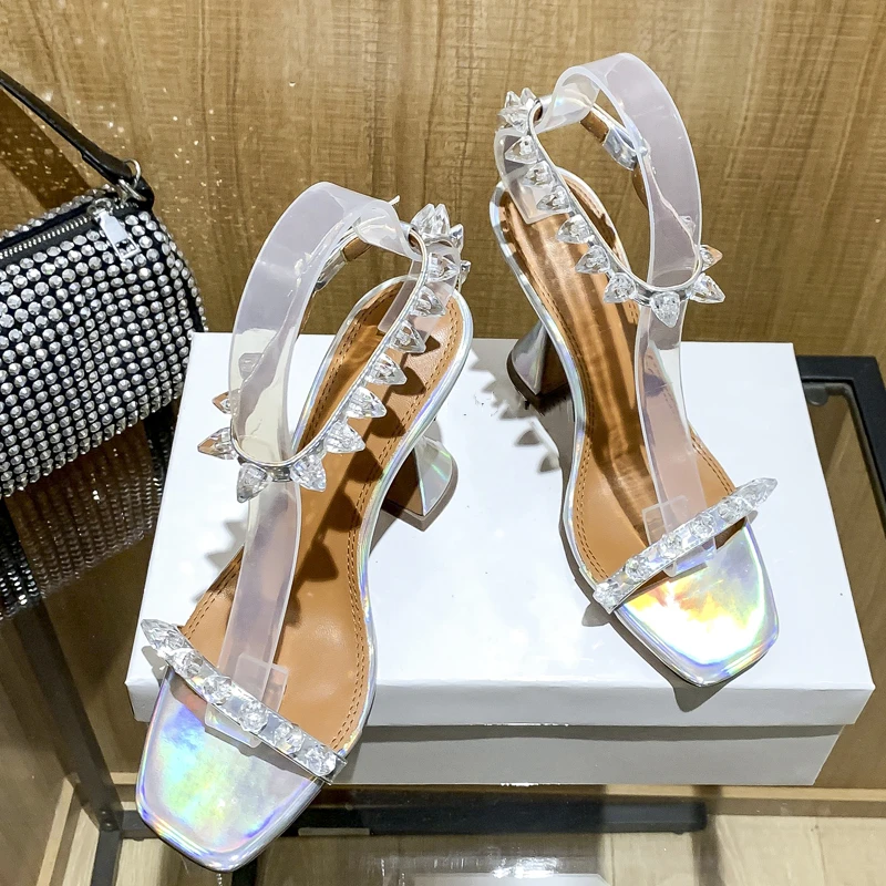 Сандалии из зеркального материала туфли-лодочки на каблуке с кристаллами