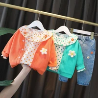 fashion baby girls clothes sets cute flower t shirts topsknitted jackets outerwearjeans trousers 3 pieces children girl suits
