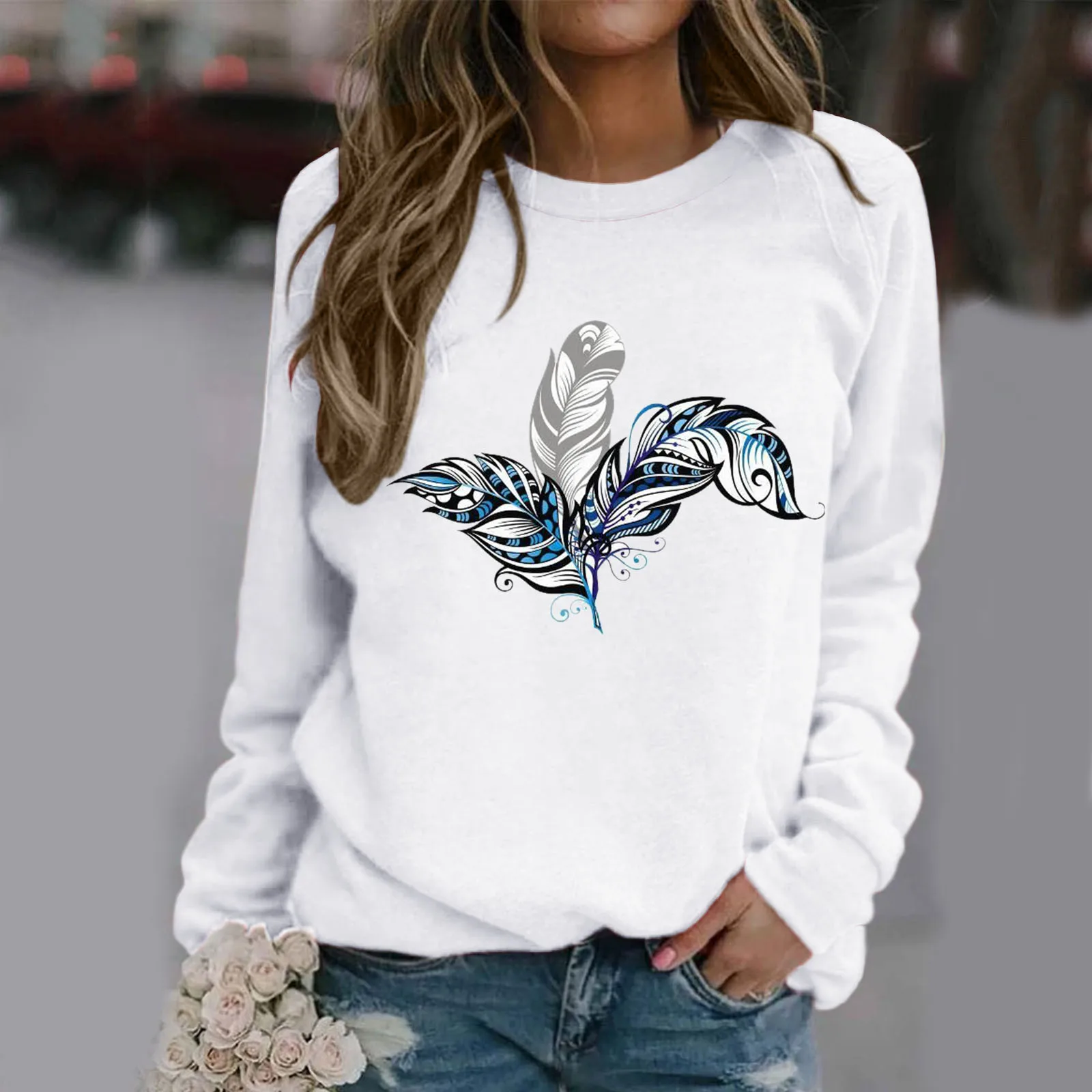 Floral Feather Print Kpop Korean Fashion Women Sweatshirts Y2k Streetwear Long Sleeve Hoodies Graphic 90s Style Vintage Hoodies