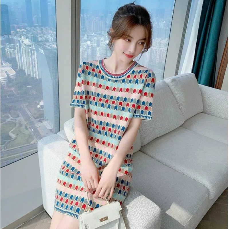 

Summer Bright Silk High Quality Striped Dresses For Women Casual Knitted Slim Mini Dress Floral Tide Vestido De Mujer Robe Femme