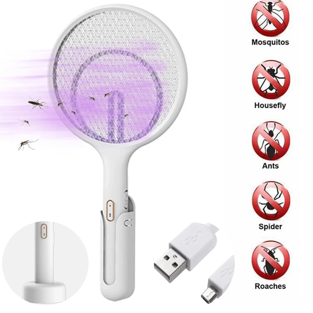 

Electric Fly Mosquito Racket Rechargeable Electric Fly Swatter USB Mosquitoes Killer Handheld Bug Zappers with Hanger+Stander​