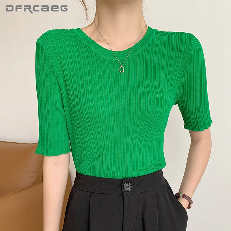 

8 Colors Summer Women's Knitted Shirt Clothing 2021 Casual Short Sleeve Stretch Pullover Thin Sweaters Top Clothes