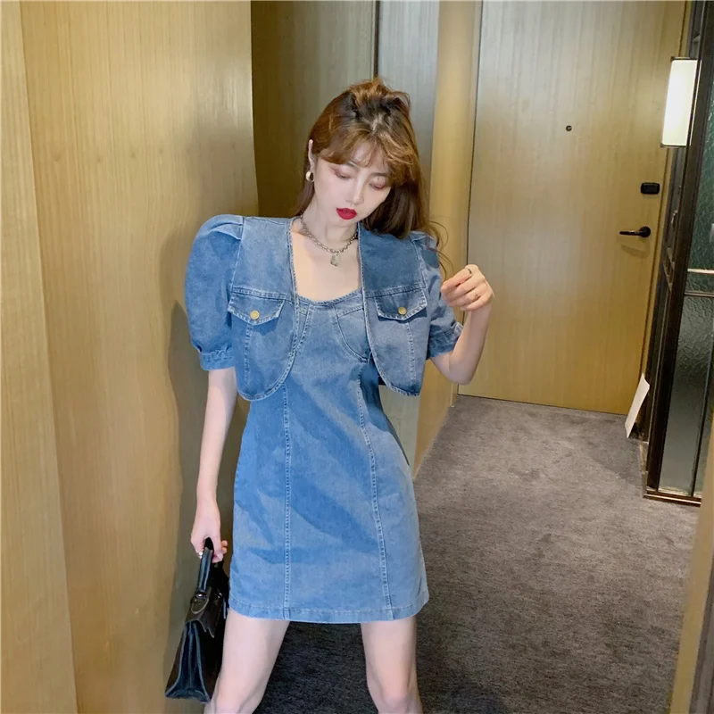 

Hong Kong Style Sexy Hot Girl Elegant Slim French Puff Sleeve Denim Short Coat with Strap Dress for Women Summer
