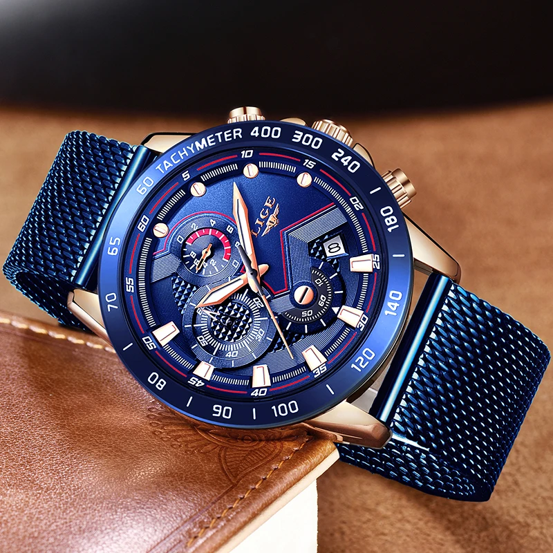 LIGE New Men Watch Luxury Brand Blue Mesh belt Wrist For Chronograph Army Military Quartz Watches Relogio Masculino | Наручные часы