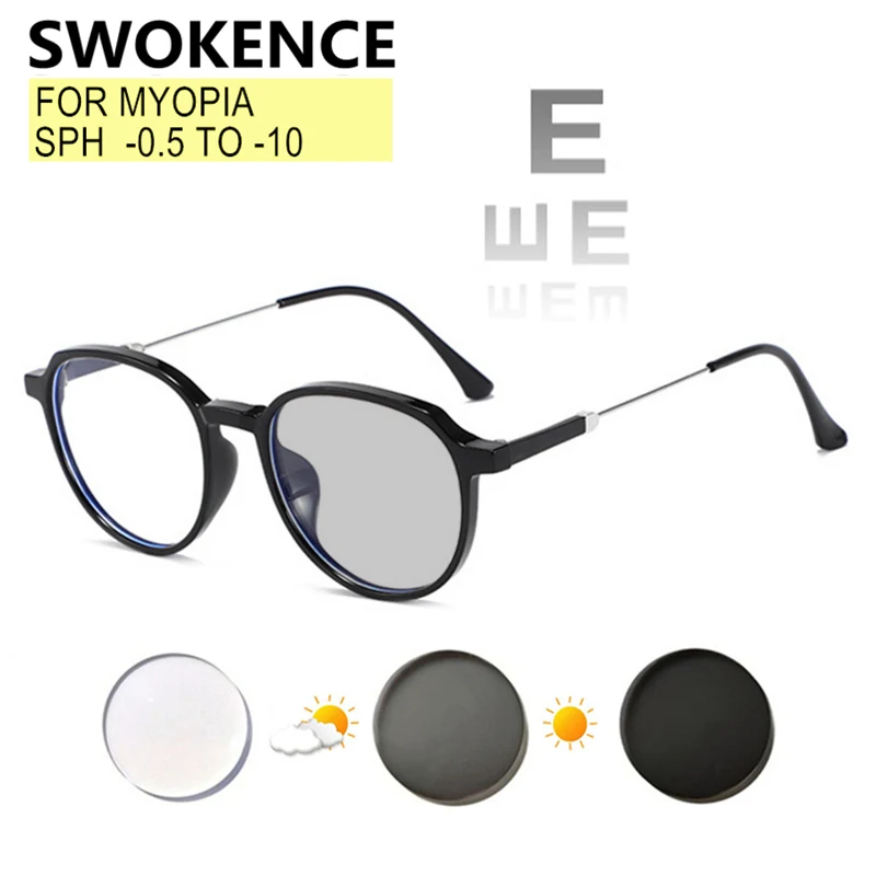 

SWOKENCE Prescription Glasses Myopia -0.5 to -10 Women Men TR90 Frame Nearsighted Astigmatism Photochromic Anti Blue Ray F218