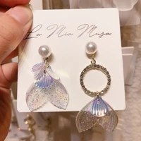 fishtail mermaid tail asymmetric statement dangle drop stud earrings for women acrylic metal fashion cute jewelry