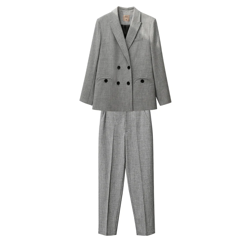 

AMII Minimalism Autumn Suit Set OLstyle Lapel Double Breasted Gray Women Suit Coat High Waist Solid Ankel Length Pants 12070512