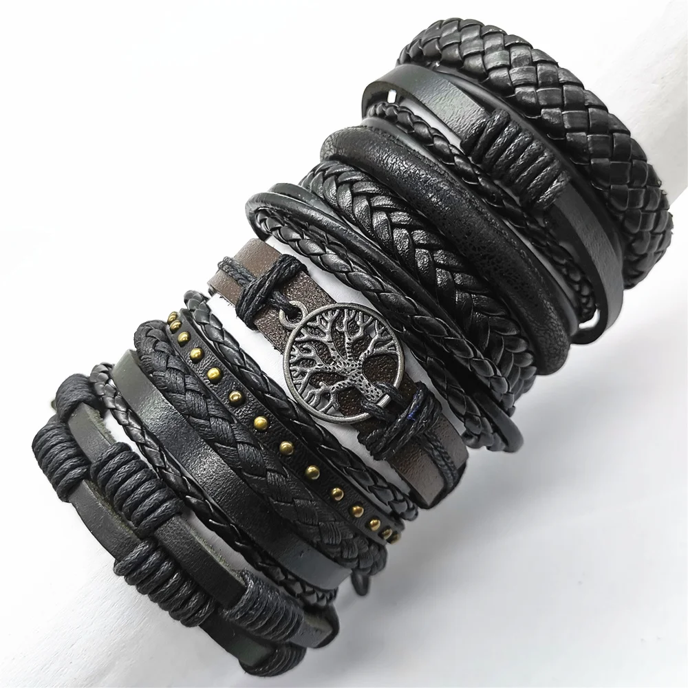 

Black 10pcs/set Brown Woven New Fashion Handmade Men Bracelets Male Women Leather Bracelet Tree Bracelets Wholesale Jewelry Gift