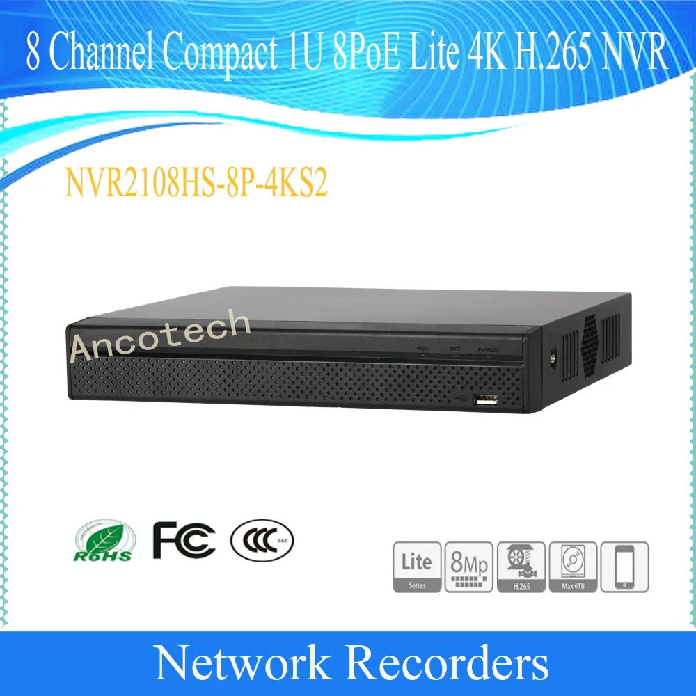

Видеорегистратор Dahua CCTV 8-канальный компактный, 1U 8POE Lite 4K, сетевой видеорегистратор, английская версия H.265