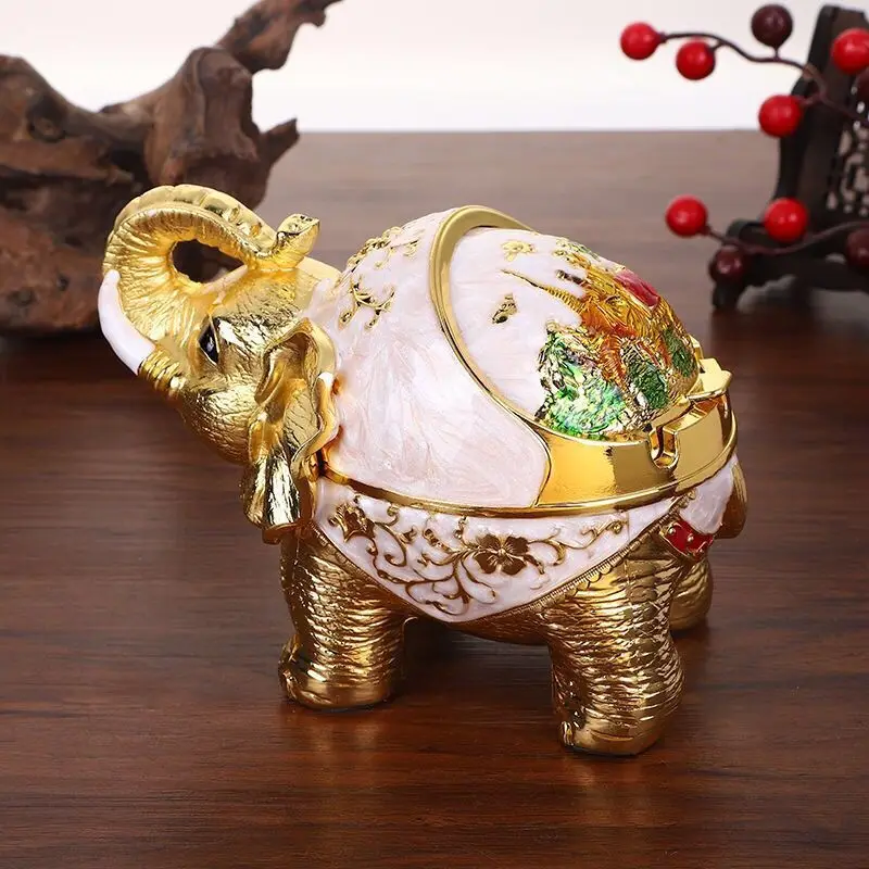 

Creative Auspicious Elephant Metal Ashtray Tea Table Craft Ornaments Windproof Ashtray with Lid Elephant Ashtray