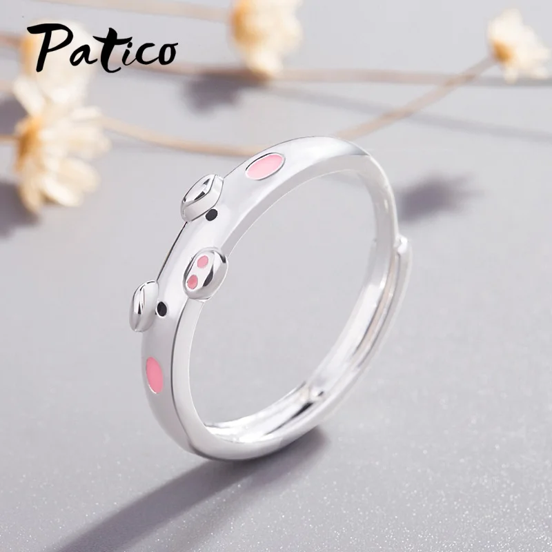 Кольцо женское розовое регулируемое серебряное в виде свиньи | Украшения и