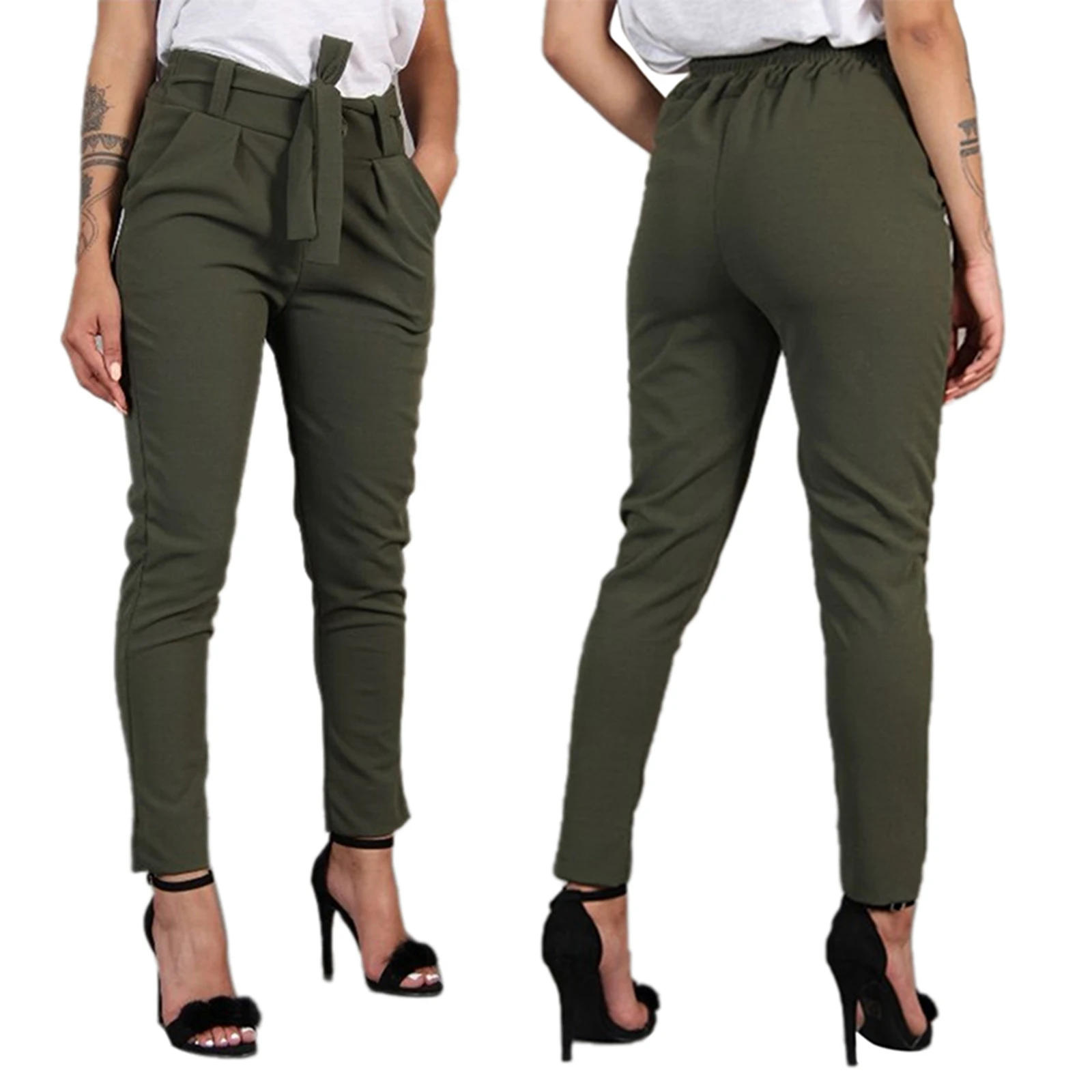 

2020 New Style Spring and Autumn Casual Cropped Trousers with Belt Trousers Women Fashion Pants with Waistband and Casual Pants