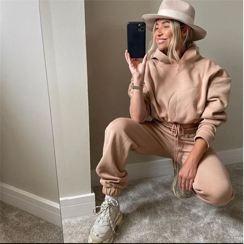 

Women Sports 2 Pieces Set Sweatshirts Pullover Hoodies Pants Suit 2020 Home Sweatpants Trousers Outfits Solid Casual Tracksuit