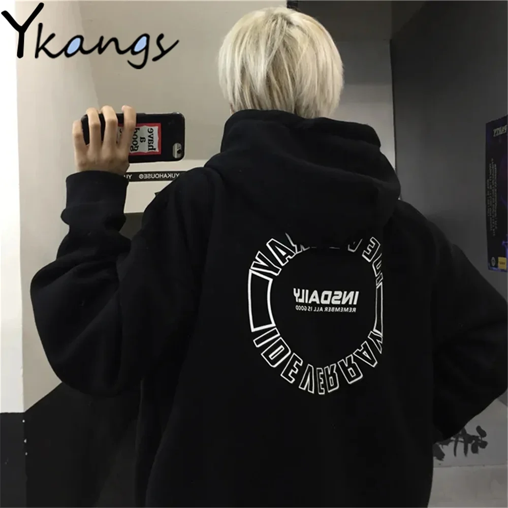

Gothic Dark Style Printing Sweatshirt Loose Long Sleeve Hooded Black Couple Outfit Harajuku Design Spring Autumn Thin Streetwear