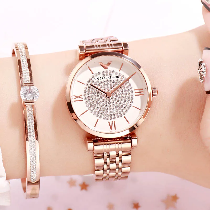 Rosegold white ЖЕНСКИЕ НАРЯДНЫЕ часы GEDI, роскошные часы с кристаллами, кварцевые часы для девушек, роскошные женские наручные часы из нержавеющей стали, часы reloj mujer - Цвет: Rosegold white