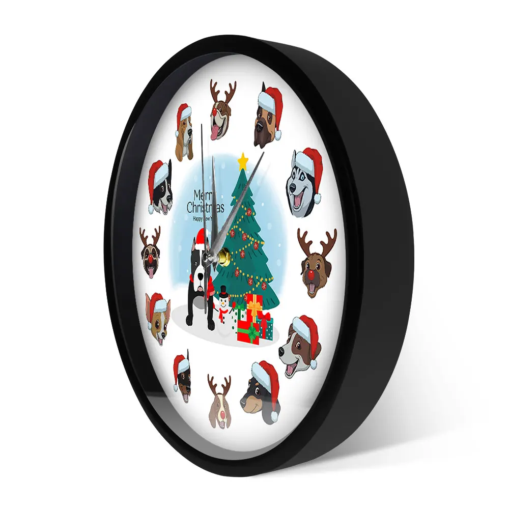 

Happy Christmas Dog Metal Frame LED Wall Clock Modern Design Sound Control Non-ticking Smart Watch Home Decor Puppy Lover Gift