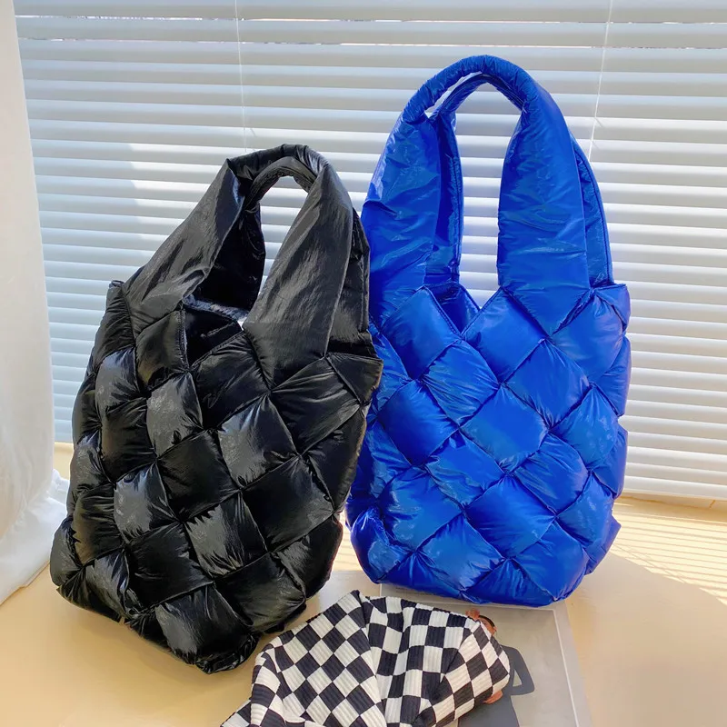 

Designer Nylon Woven Tote Cotton Pad Women Shoulder Bag Luxury Down Space Handbags Ladies Big Clutch Winter Soft Light Shopper