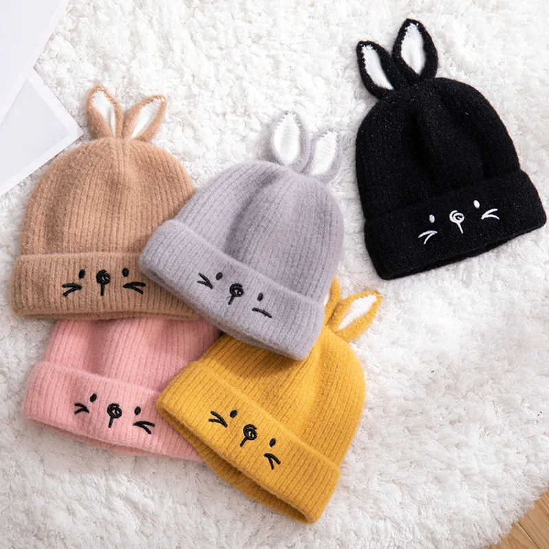 

New 1-2years kids knitting hat winter thick keep warm hat lovely catoon rabbit embroidery boy and gilr out door windbreaker cap