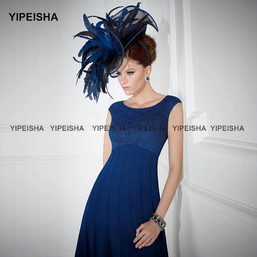 

Yipeisha Two Pieces Chiffon Lace Three Quarter Sleeves Mother of the Bride Dresses Royal Blue Mother's Evening Gowns Knee Length