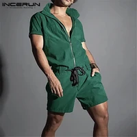 incerun fashion men rompers zipper solid color lapel short sleeve jumpsuits casual playsuits shorts cargo overalls streetwear