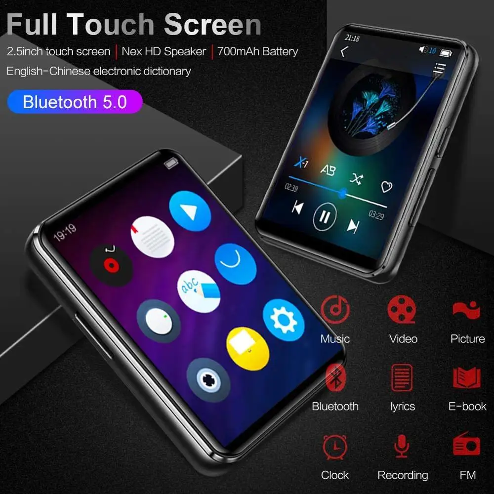 MP3-плеер Bluetooth 5,0 с 2,5 дюймовым сенсорным экраном 16 Гб HiFi встроенный динамик музыкальный плеер с поддержкой fm-радио sd-карта 128 ГБ