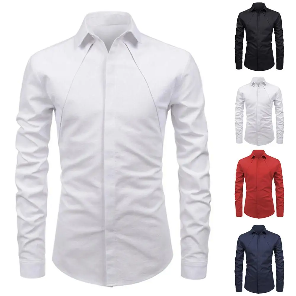 

Solid Color Men Lapel Collar Office T Shirts Casual Male Long Sleeve Tops