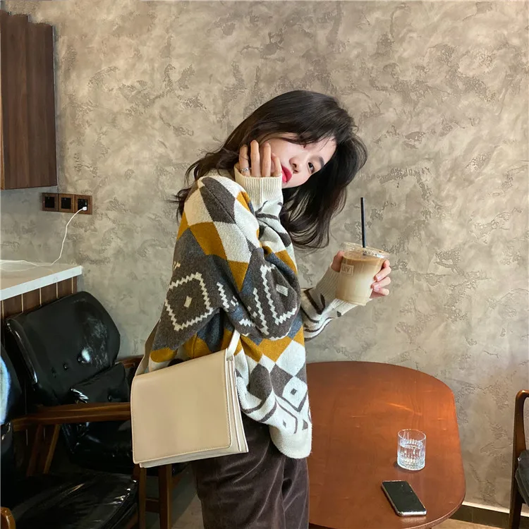 

Autumn Winter Argyle Printed O-Neck Full Sleeve Sweater for Women Female Regular Knitted Sweater Pullovers