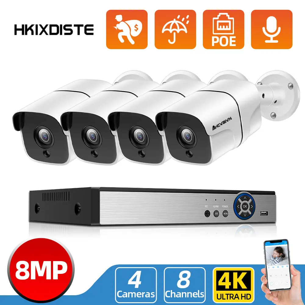 

HKIXDISTE H.265+ 8MP POE Video Security Surveillance System 8CH 4K NVR With 4/8PCS Weatherproof Cameras CCTV Security System Kit