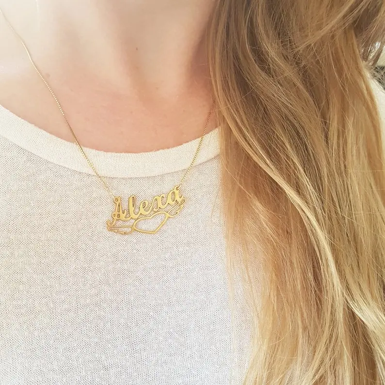 

Name Necklace With Winged Heart Charm Nameplate Jewelry Gold Chain Custom Letter Necklaces Personalized Bridesmaid Gift BFF