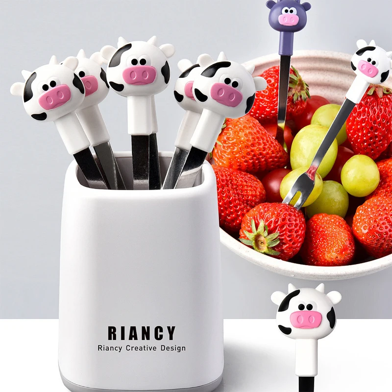 

6pcs Stainless Steel Desert Forks Salad Vegetable Cocktail Cows Fruit Fork with Holder Food Pick Toothpick BBQ Bento Accessories
