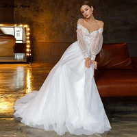 magic awn graceful puff sleeves wedding dresses lace appliques sheer scoop vintage princess illusion a line wedding party dress