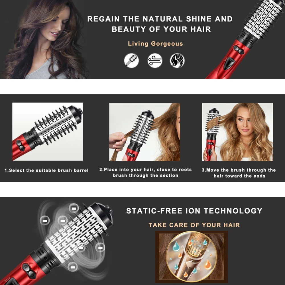 

2 In 1 Rotating Hot Air Brush Curling Iron Roll Styling Brush Hair Dryer Blow With Nozzles Heating brush Hair Curlers Comb New