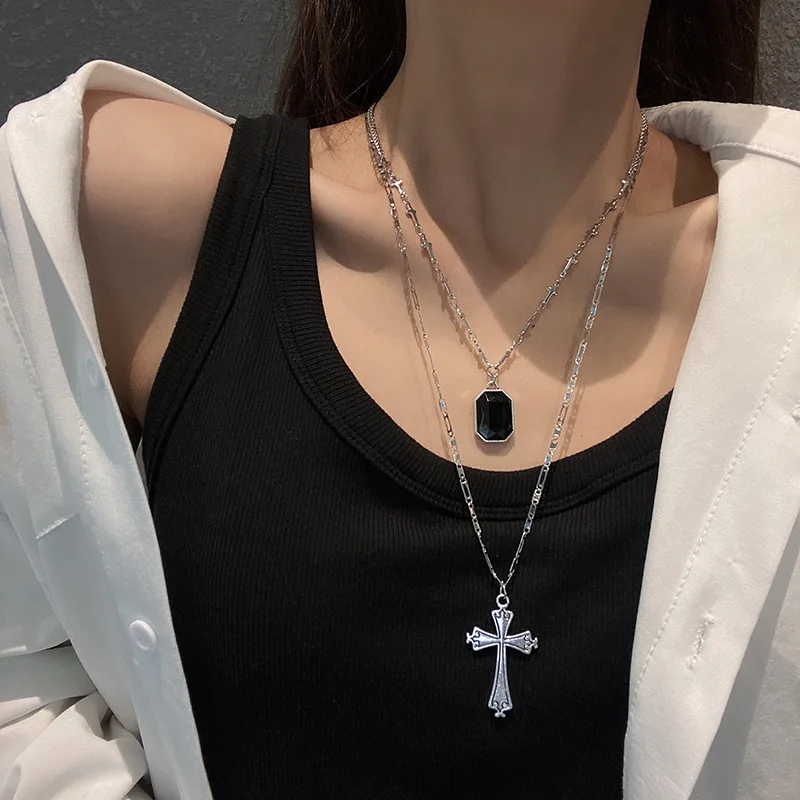 

Vintage Double Layer Long Cross Necklace for Women Fashion Stainless Steel Pendant Choker Necklace Sweater Chain Jewelry Gift