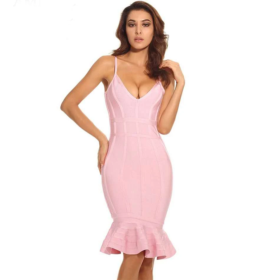 Женское Бандажное платье-русалка розовое облегающее платье на тонких бретелях