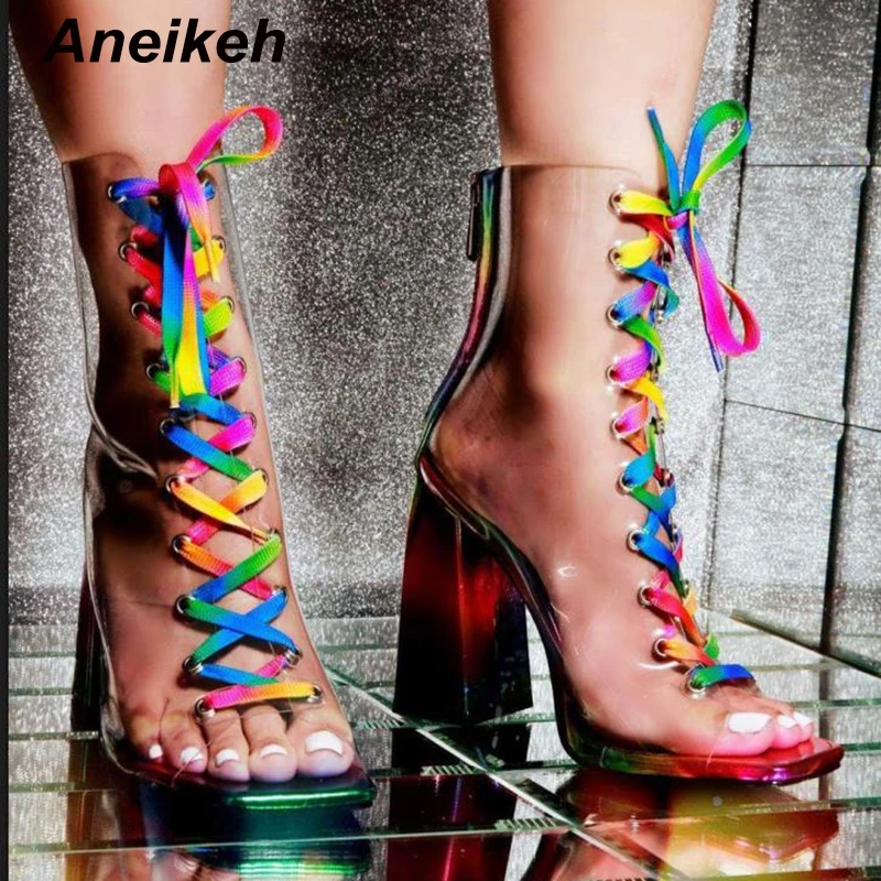 Сандалии желе Aneikeh радужные из ПВХ ботинки с открытым носком на шнуровке